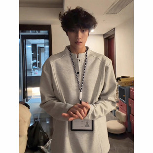 灰色亨利领加绒卫衣男款冬季重磅解构长袖t恤美式正肩内搭打底衫