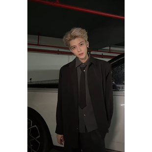 人夫感休闲长袖衬衫男士高级感痞帅小众设计衬衣假两件jk西装外套