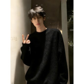 t恤高级感痞帅内搭打底衫 黑色满天星圆领加绒卫衣男春季 重磅长袖