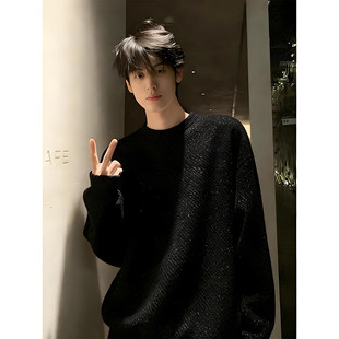 t恤高级感痞帅内搭打底衫 黑色满天星圆领加绒卫衣男春季 重磅长袖