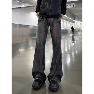 黑色闪电纹微喇牛仔裤男款春季美式高街裤子显瘦显腿长窄版直筒裤