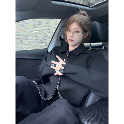 黑色短款毛呢外套男翻领行政夹克