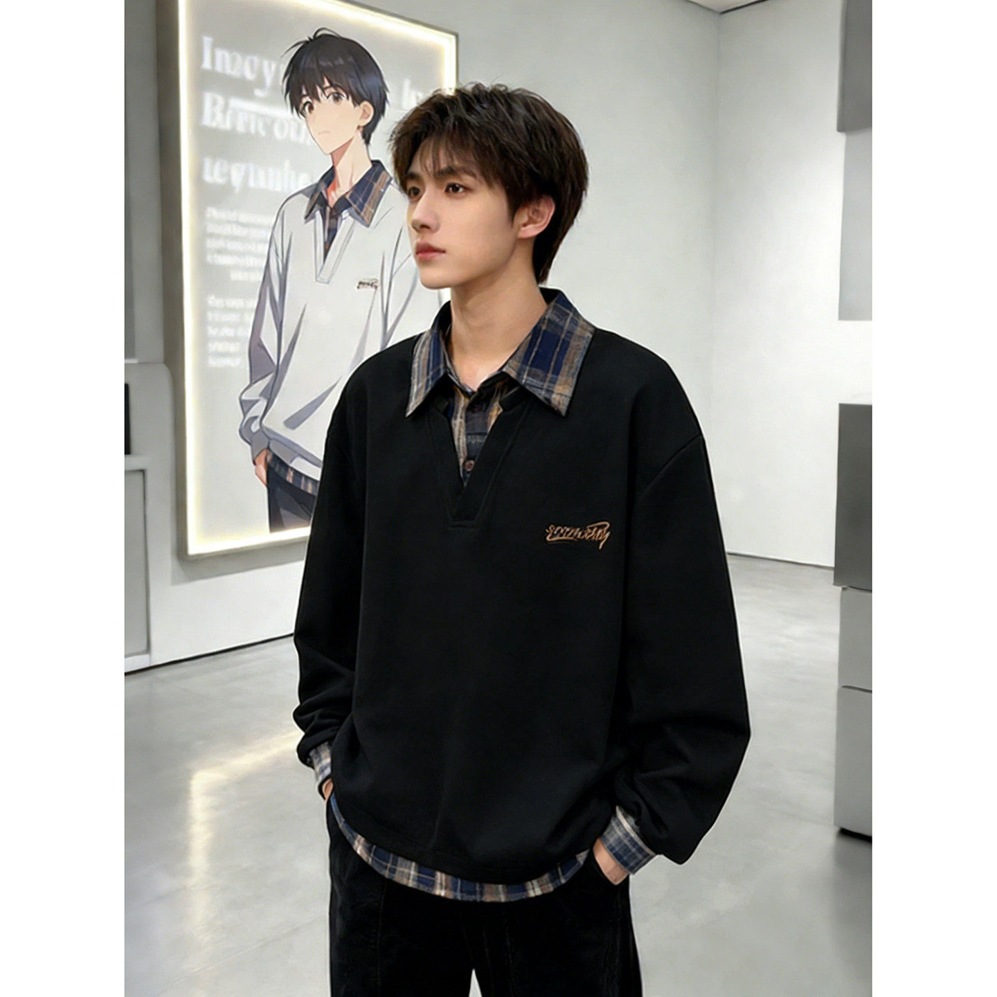 假两件衬衫领拼接卫衣男款秋冬加绒长袖t恤正肩内搭polo领打底衫