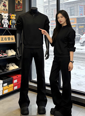 黑色弯刀微喇牛仔裤男女款春季美式高街显瘦裤子提档窄版直筒长裤