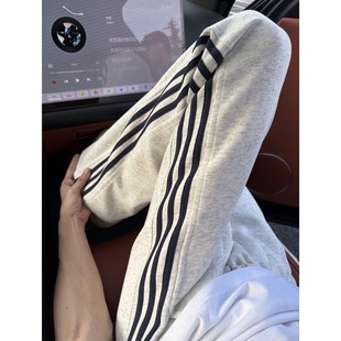 花灰色美式运动卫裤男款直筒慵懒风条纹裤子垂感工装宽松休闲长裤