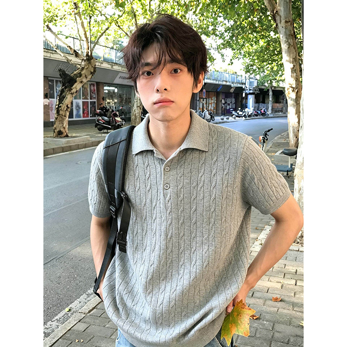 美式麻花针织polo衫短袖男款夏季人夫感重磅正肩t恤老钱风半截袖