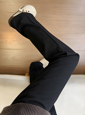 黑色弯刀微喇西裤男款秋冬加绒修身显瘦裤子垂感高级感窄版直筒裤