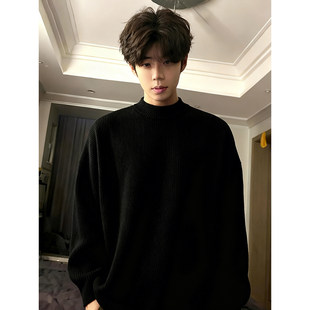 cleanfit黑色加绒毛衣男款冬季加厚针织打底衫内搭休闲慵懒风上衣