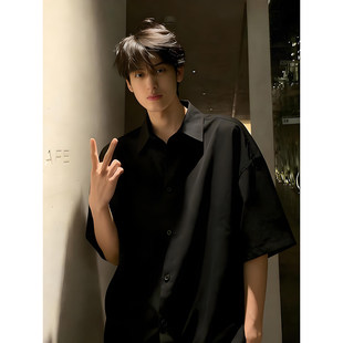 凉感正肩外套高级感痞帅速干半袖 黑色冰丝短袖 薄款 男夏季 衬衣 衬衫
