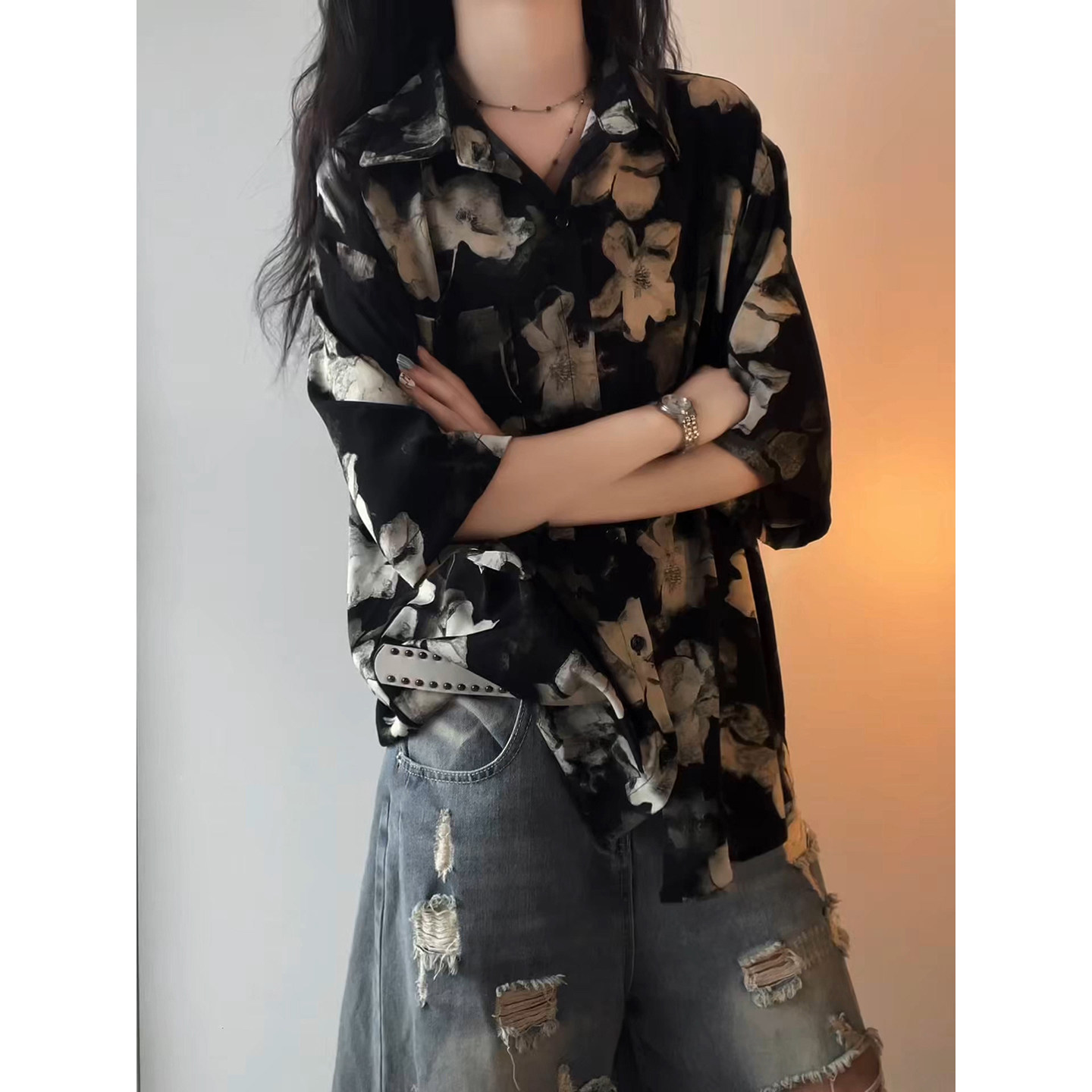 黑色冰丝花衬衫短袖男女夏季薄款古巴领衬衣外搭开衫半袖情侣外套