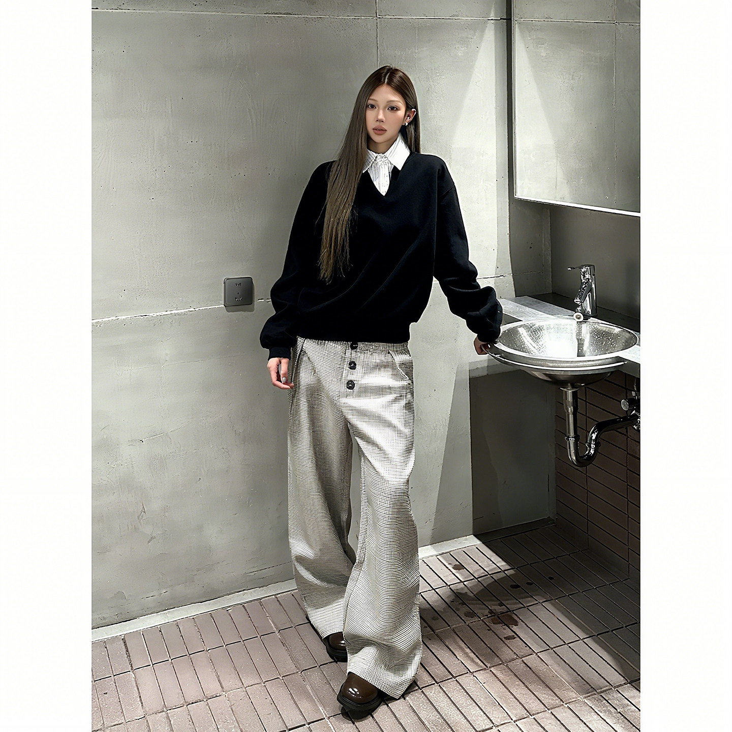 千鸟格弯刀微喇西裤男女秋冬a字打褶阔腿裤设计感松弛老钱风裤子,男装,休闲裤,淘宝优惠券,粉丝福利购,淘宝优惠卷