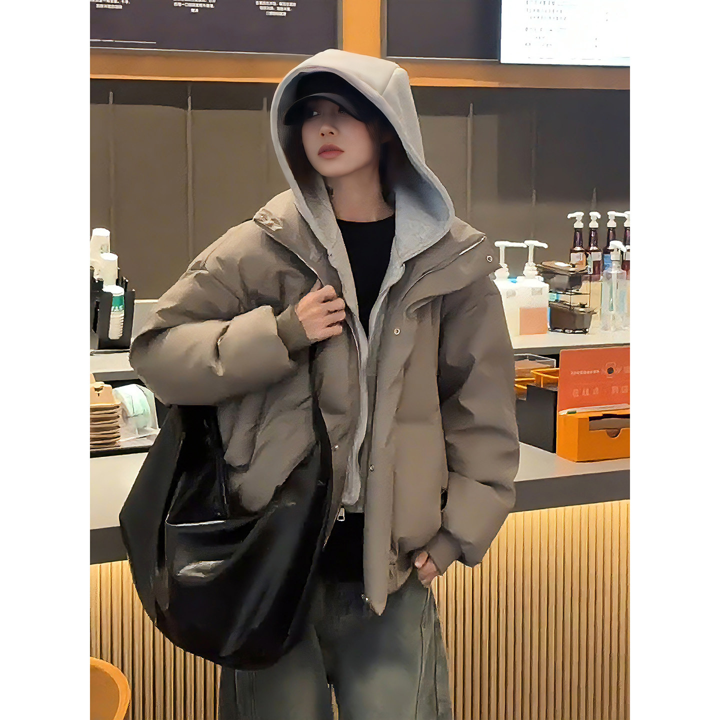 连帽羽绒棉服男冬季三防PU皮棉衣