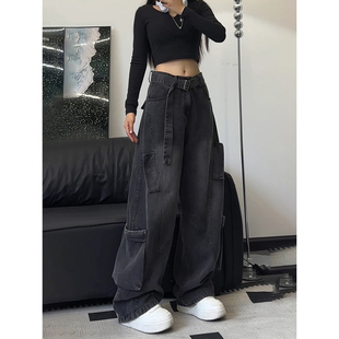 黑灰色多口袋弯刀牛仔裤男秋季飘带设计感裤子阔腿美式直筒工装裤