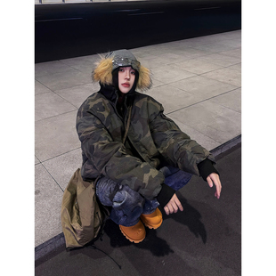 美式迷彩双面穿棉服男款冬季bomber飞行夹克棉衣廓形短款工装外套