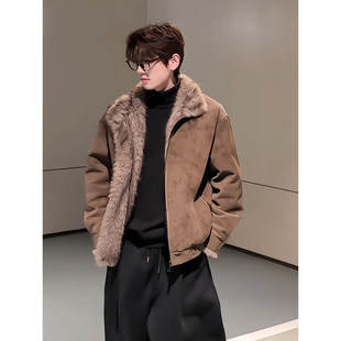 棕色座山雕全毛内里外套男款冬季加绒加厚棉服高级感飞行员皮夹克