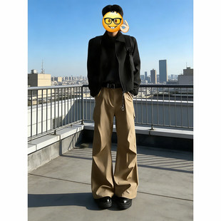 cleanfit卡其色裤子男款秋冬垂感褶皱伞兵工装裤美式加绒微喇西裤