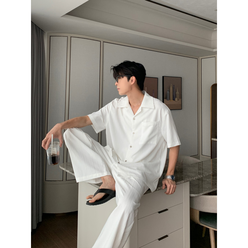 美式白色衬衫短袖套装男夏季高级感休闲运动服直筒百搭长裤两件套