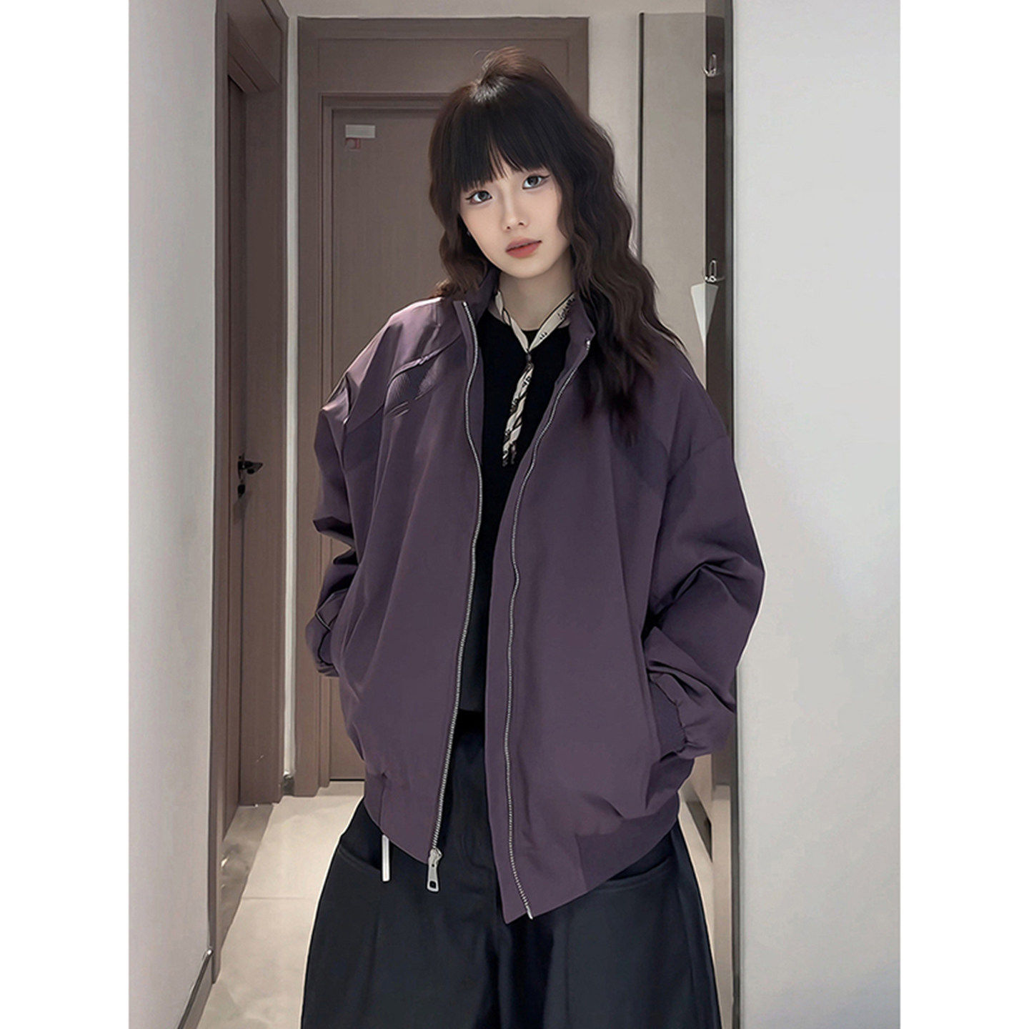 紫色美式立领飞行夹克男女款春季廓形短款工装外套解构情侣冲锋衣