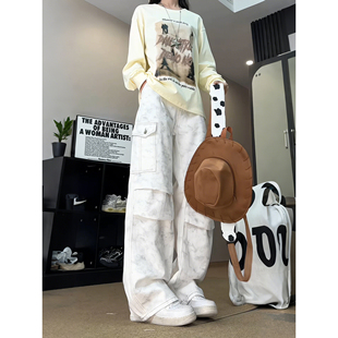 脏脏美式复古扎染牛仔裤男款秋季直筒加绒裤子显瘦褶皱弯刀工装裤