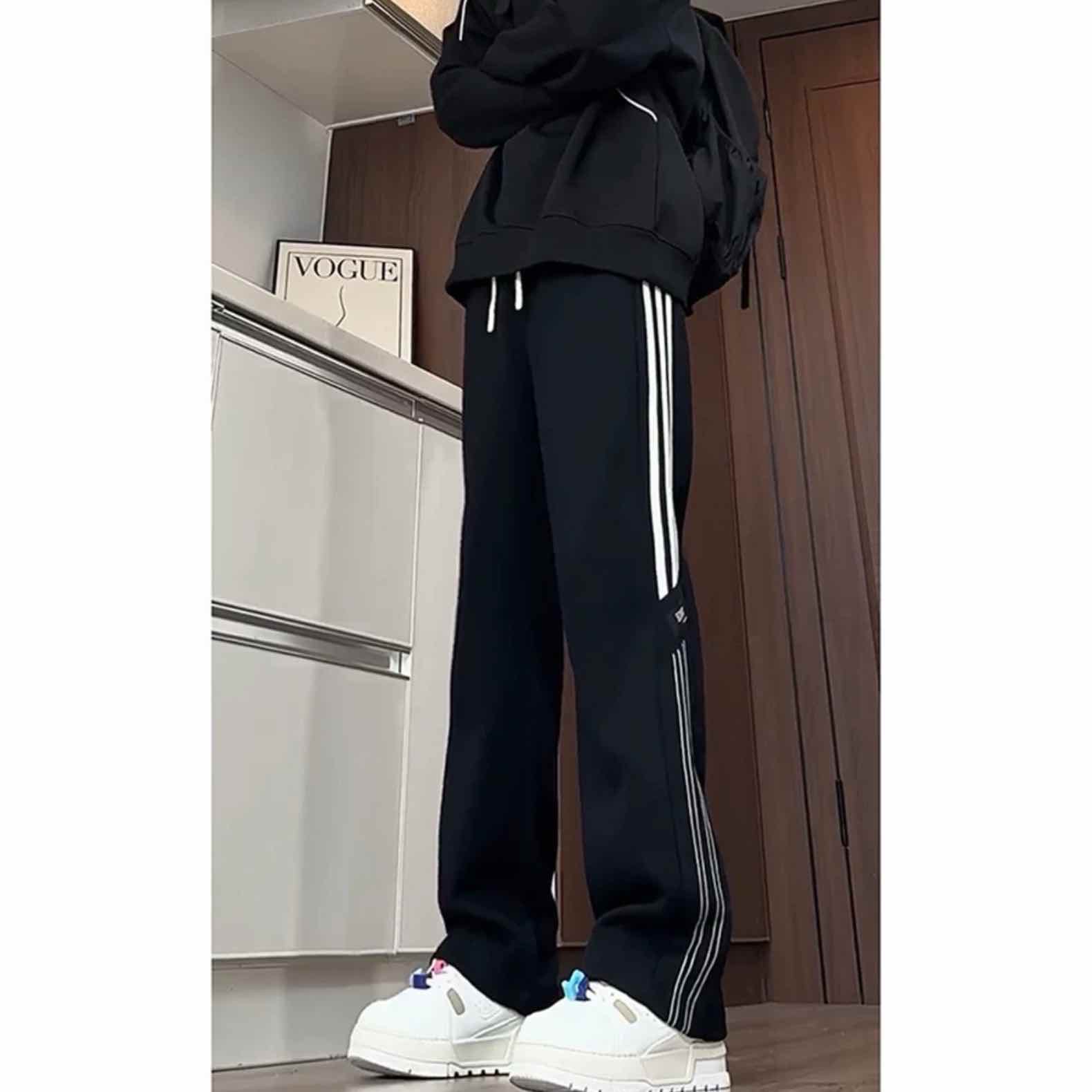 美式重磅黑色条纹卫裤男款夏季直筒三条杠裤子休闲设计感运动长裤