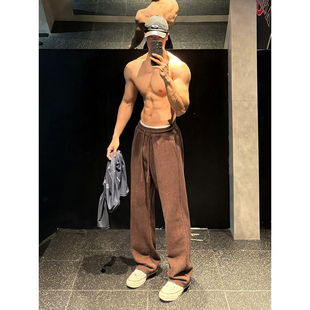 美拉德人字纹加绒裤子男款冬季美式健身运动卫裤垂感直筒休闲长裤