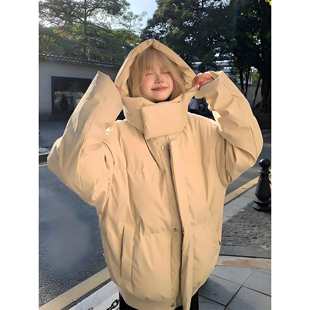 杏色美式pu皮羽绒棉服男冬季防寒加厚棉衣外套连帽情侣短款面包服