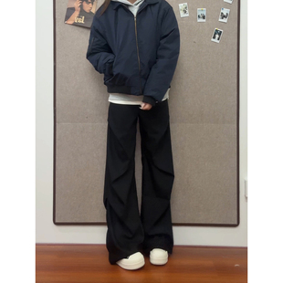 黑色微喇加绒西裤男款冬季加厚cleanfit裤子垂坠感褶皱阔腿工装裤