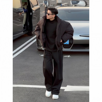 cleanfit黑色加绒卫裤男款秋冬痞帅高级感弯刀裤子美式运动休闲裤