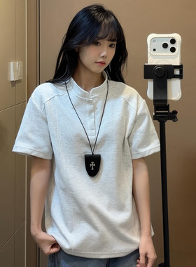 白灰色亨利领t恤男女款夏季cleanfit拼接重磅短袖高级感polo半袖