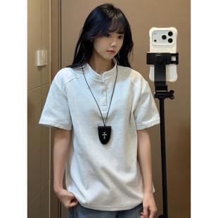 白灰色亨利领t恤男女款夏季cleanfit拼接重磅短袖高级感polo半袖