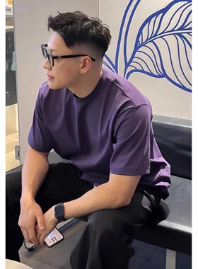 深紫色三本针正肩t恤男女2025初夏季穿搭精梳棉短袖美式重磅半袖