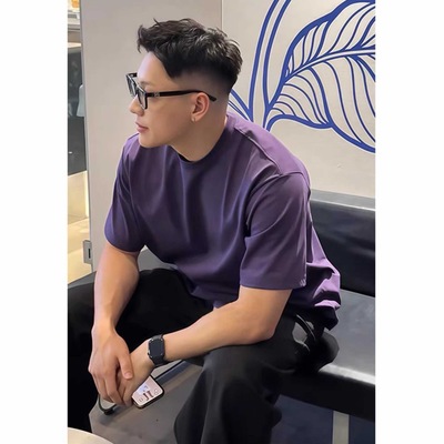 深紫色三本针正肩t恤男女2025初夏季穿搭精梳棉短袖美式重磅半袖