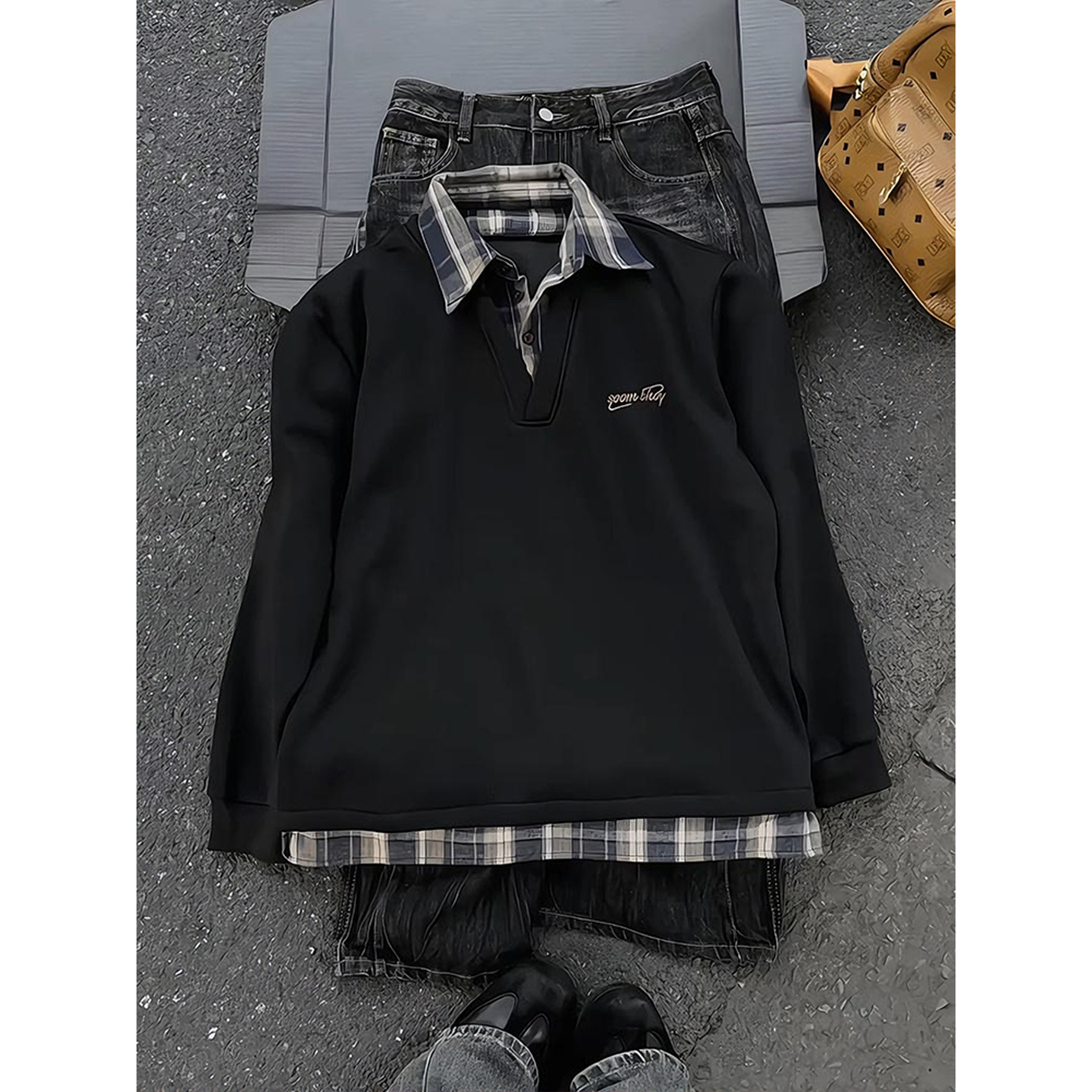 格子拼接卫衣男美式复古长袖t恤