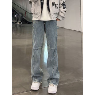 复古蓝美式斜切微喇牛仔裤男款秋冬显瘦裤子绑带设计感弯刀工装裤