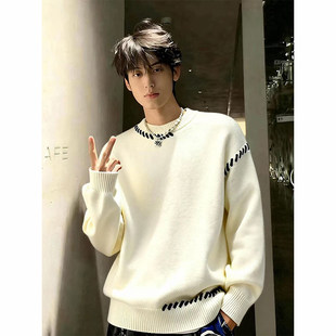 米白色慵懒拼接毛衣男款冬季潮牌加厚针织衫小众设计感内搭打底衫