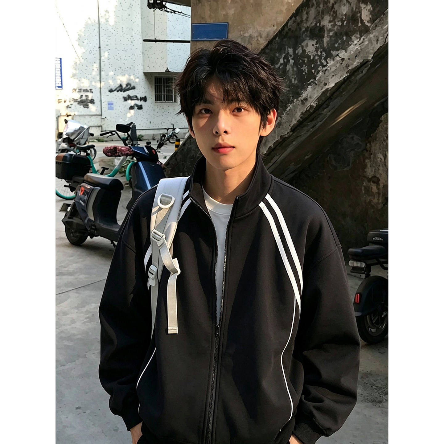 黑色条纹拼接开衫卫衣男生秋季穿搭少年感运动立领夹克正肩棒球服