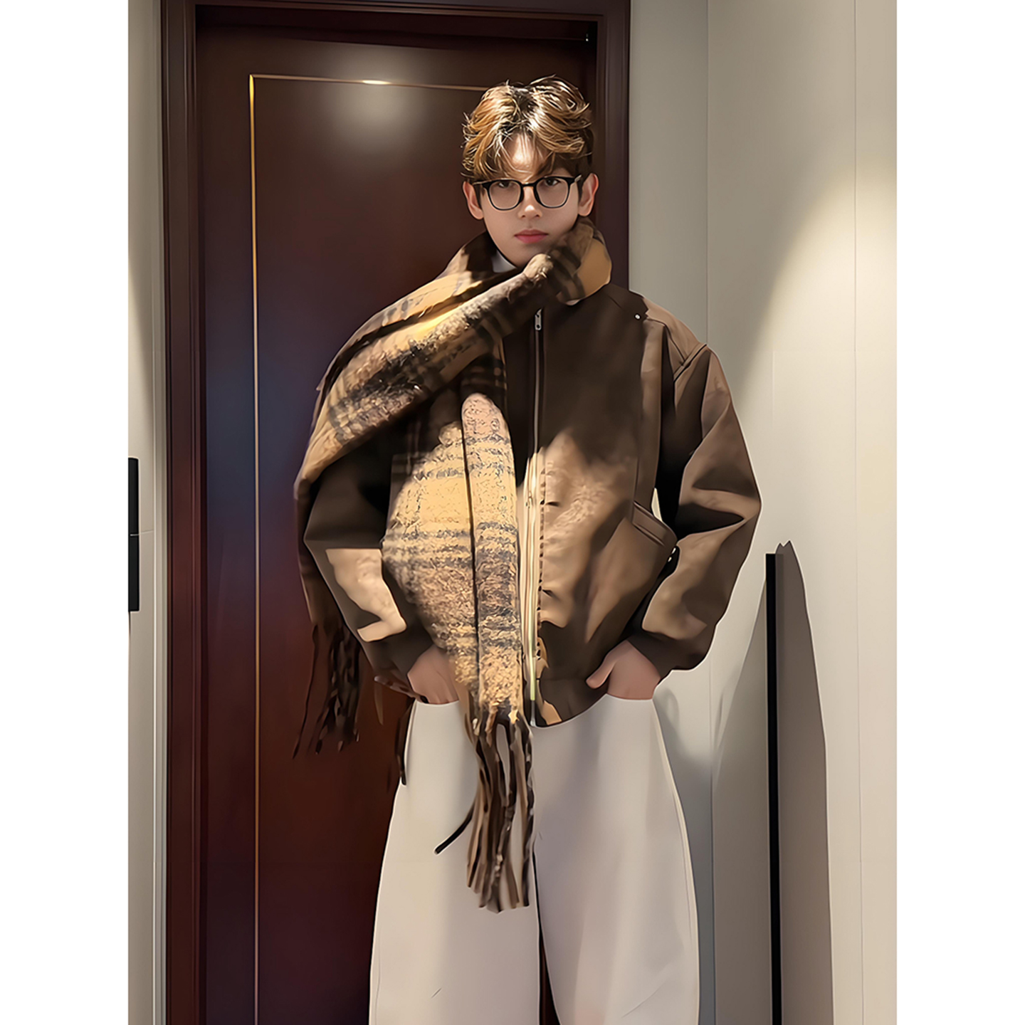 扎染pu皮棉服男款羊羔绒棉衣外套