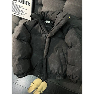 黑色短款扎染羽绒服男款冬季加厚防寒立领面包服美式PU皮棉袄外套