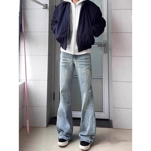 复古蓝加绒微喇牛仔裤男款厚款冬季美式高街裤子修身显瘦直筒长裤