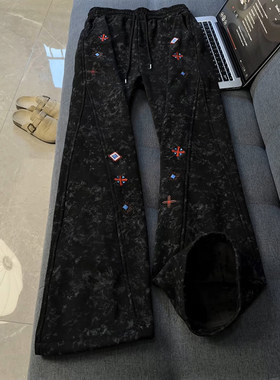 扎染黑色刺绣弯刀卫裤男款秋冬重磅加绒裤子斜切直筒运动休闲长裤