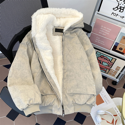 座山雕毛领棉服冬季连帽加厚棉衣