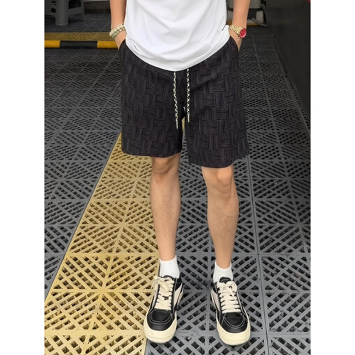 黑色美式扎染格子短裤男款夏季