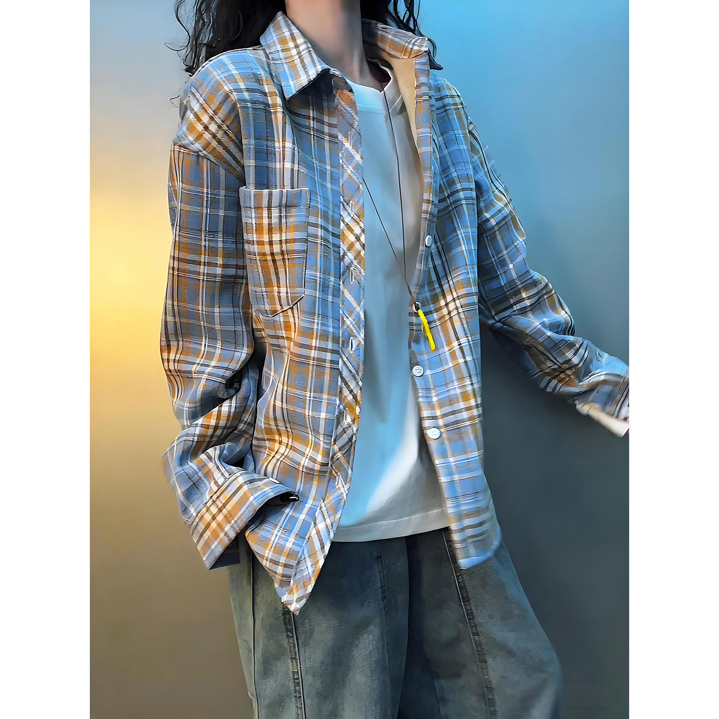 vintage黄蓝格子长袖衬衫男女秋冬加绒保暖衬衣翻领短款情侣外套,男装,衬衫,淘宝优惠券,粉丝福利购,淘宝优惠卷