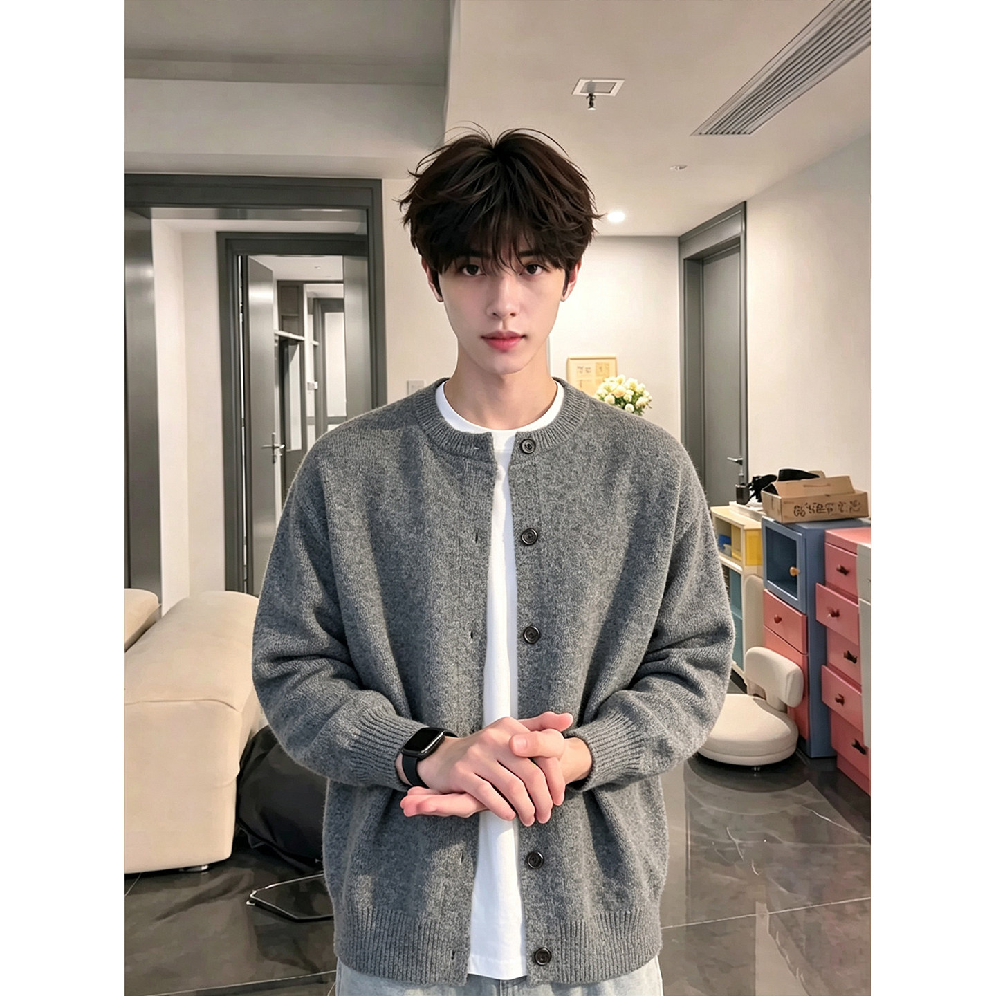 灰色复古开衫毛衣男款秋季慵懒高级感圆领外套cleanfit针织衫夹克