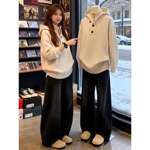 白色假两件高领拉链毛衣男款冬季设计感连帽针织衫休闲慵懒风外套