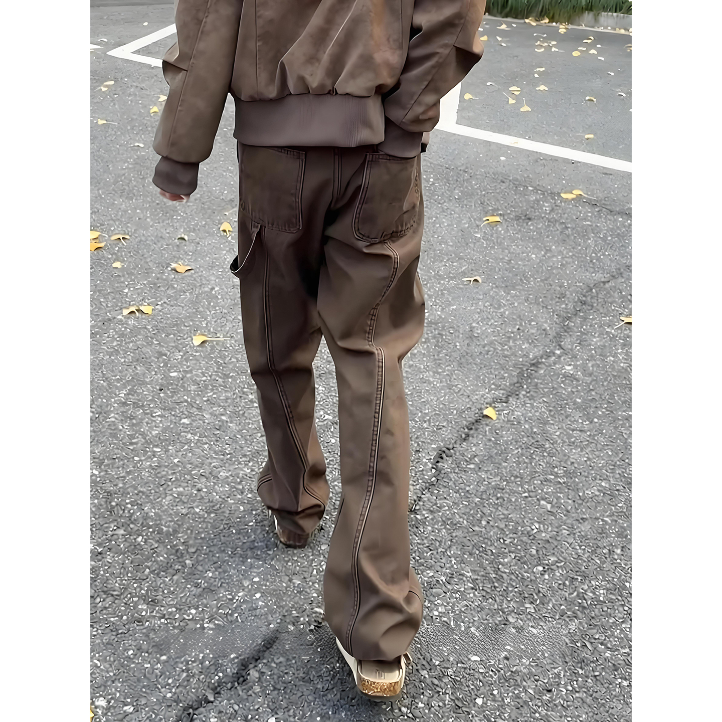 棕咖色加绒裤子男美式弯刀工装裤