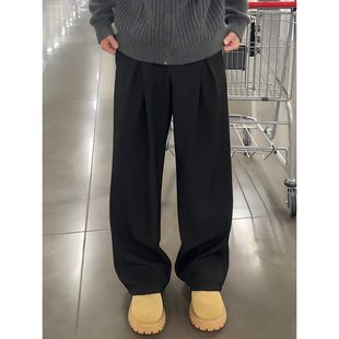 黑色压褶弯刀加绒西裤男款冬季垂坠感显瘦裤子加厚直筒微喇休闲裤