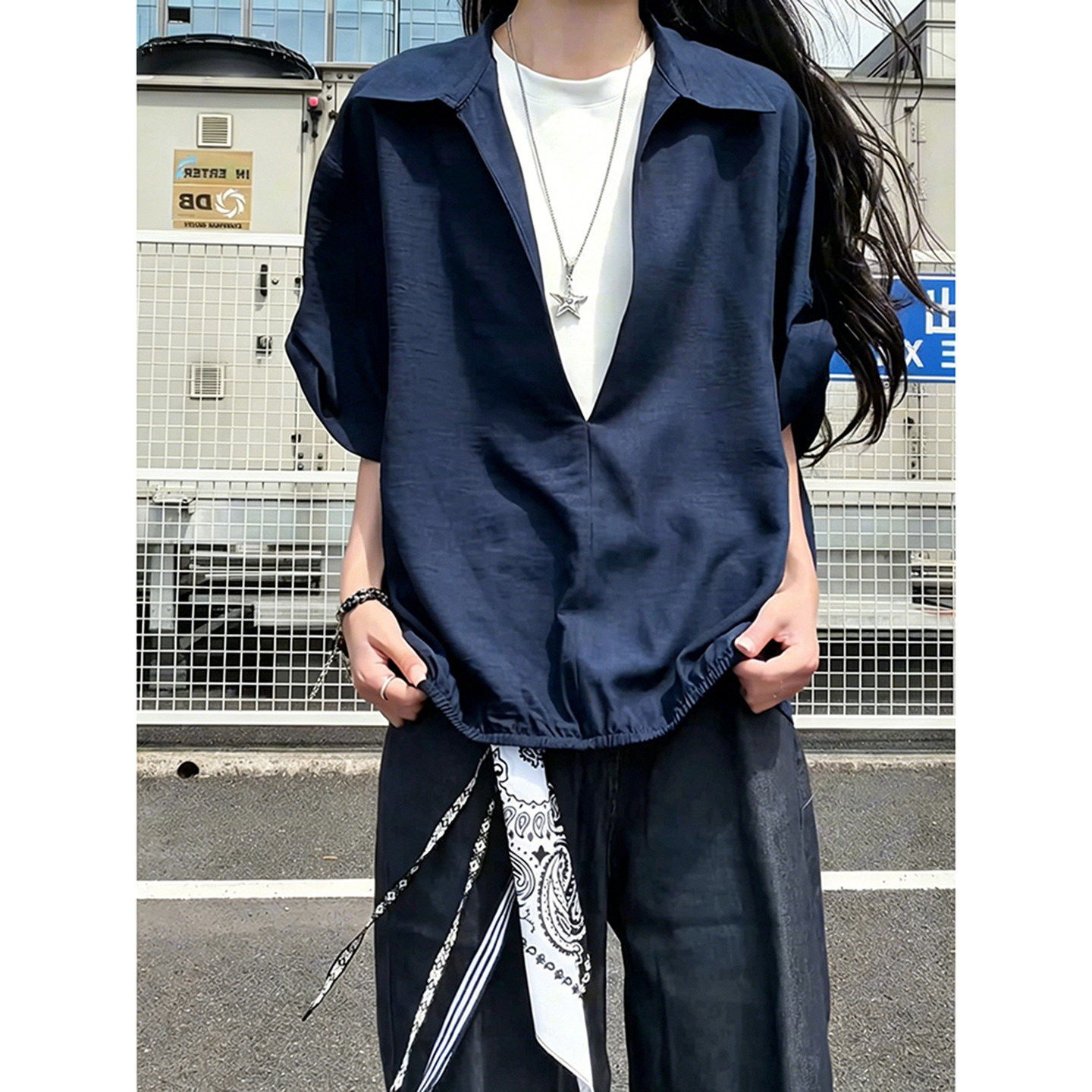 藏青色假两件短袖衬衫男女夏季仿麻v领t恤衬衣拼接设计感半袖外套
