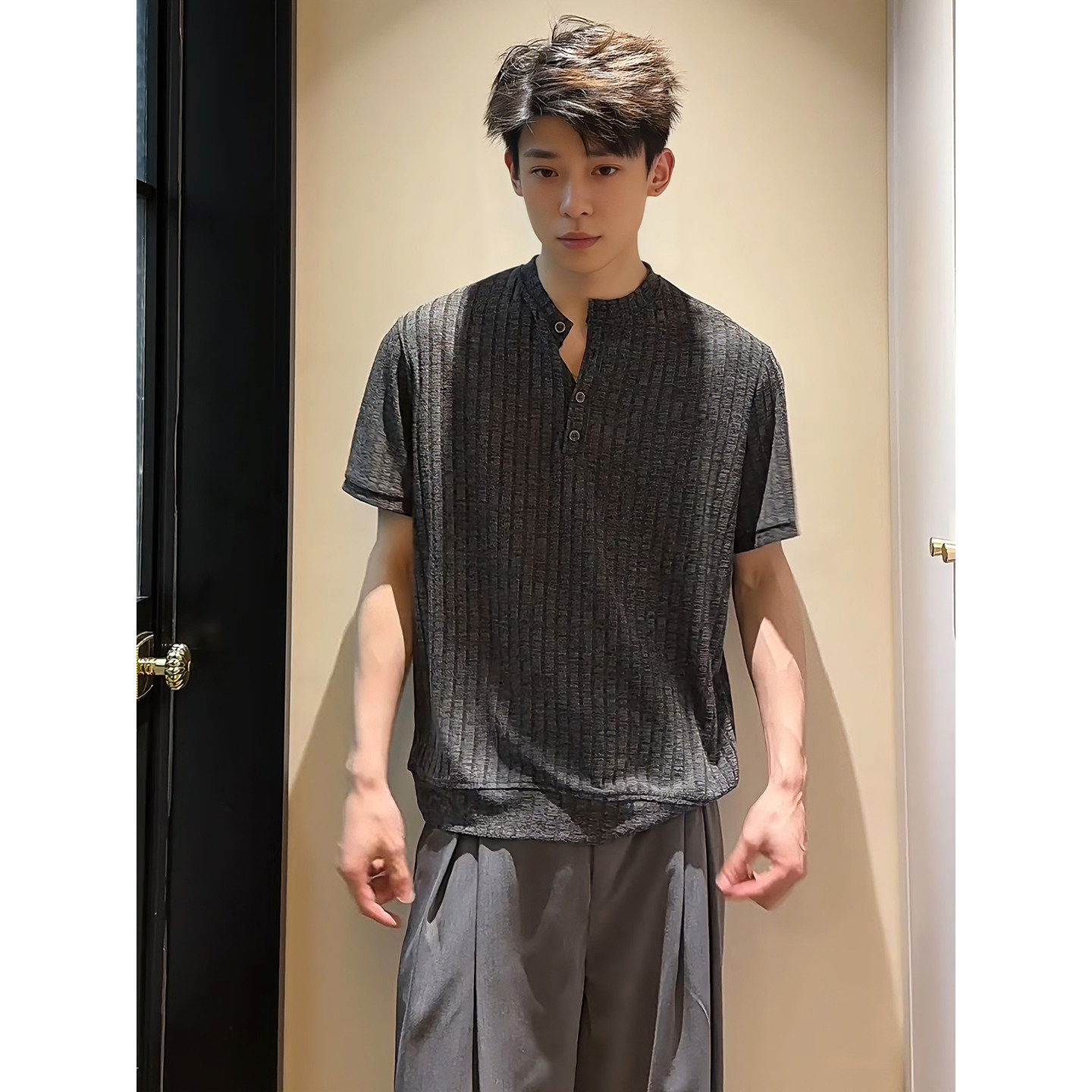 深灰色麻感亨利领t恤男款夏季针织老钱风短袖polo衫重磅修身半袖