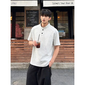 polo衫 男夏季 短宽boxy版 白灰色亨利领短袖 型t恤重磅正肩打底半袖